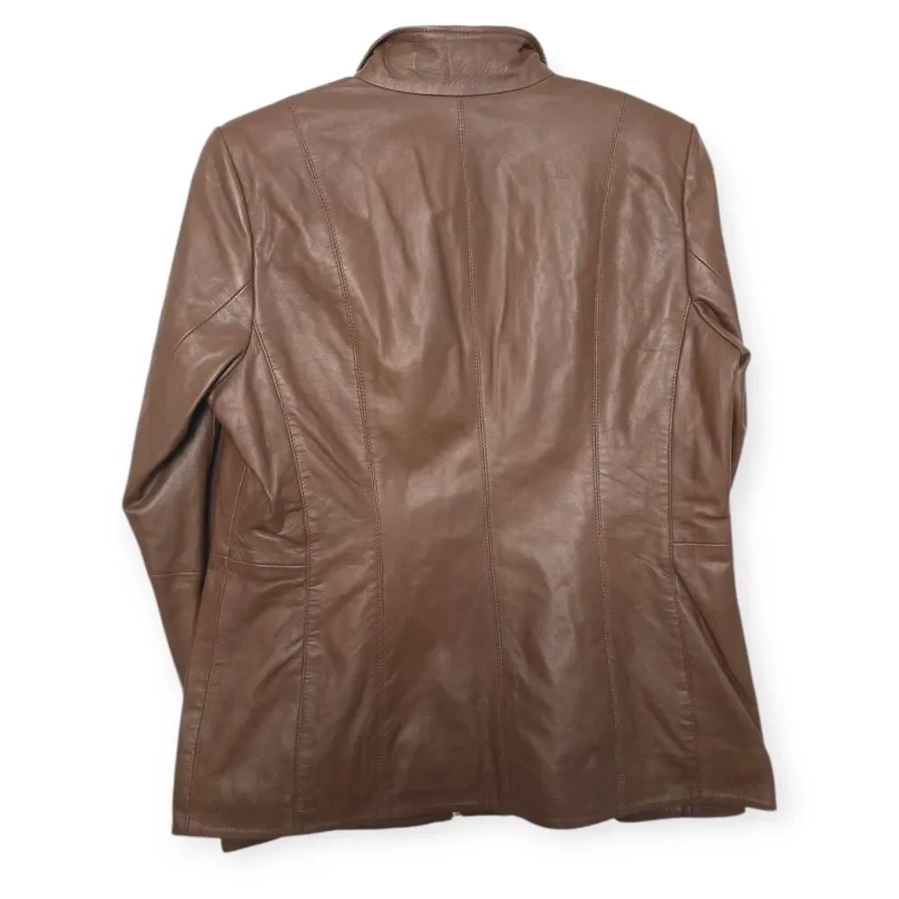 NWT Cole Haan Size Medium Hickory Women's Wing Collar Leather Jacket $498 MSRP - Picture 3 of 9